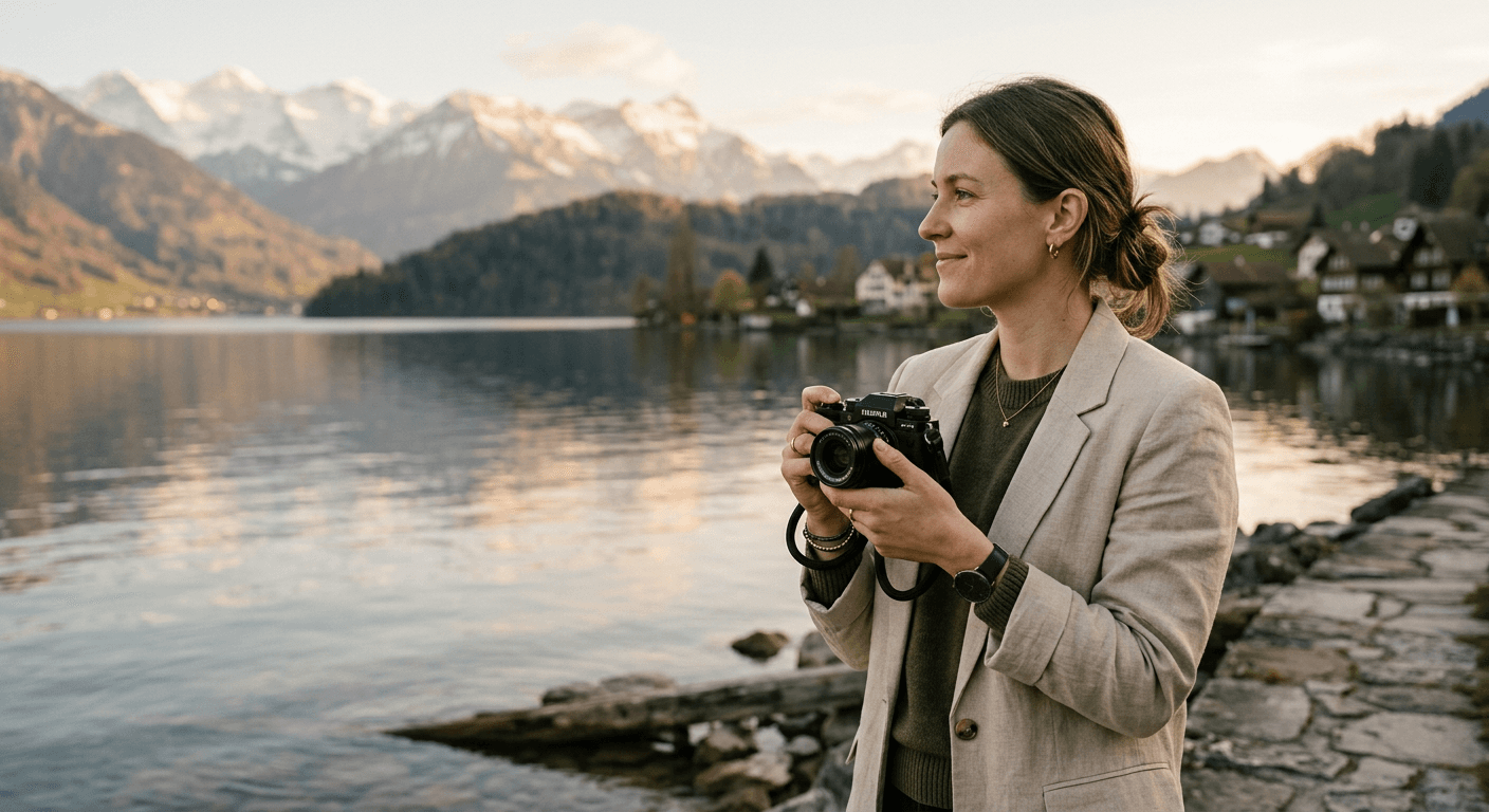 Person fotografiert am Seeufer bei Sonnenuntergang