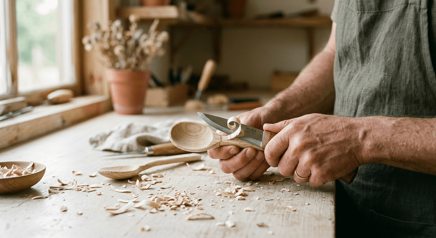 Hände schnitzen einen Holzlöffel
