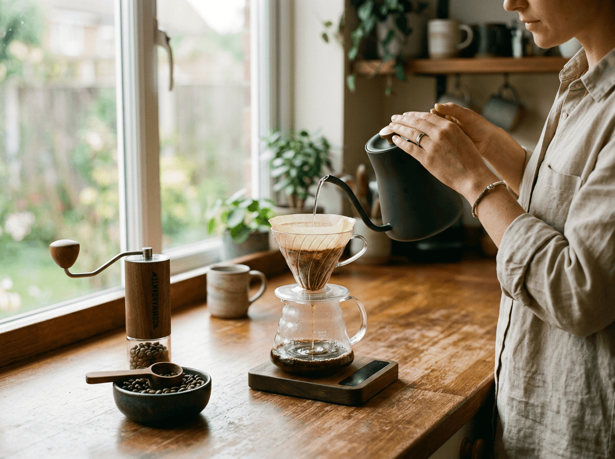 Hände giessen Wasser mit einem Schwanenhalskessel über einen Kaffeefilter
