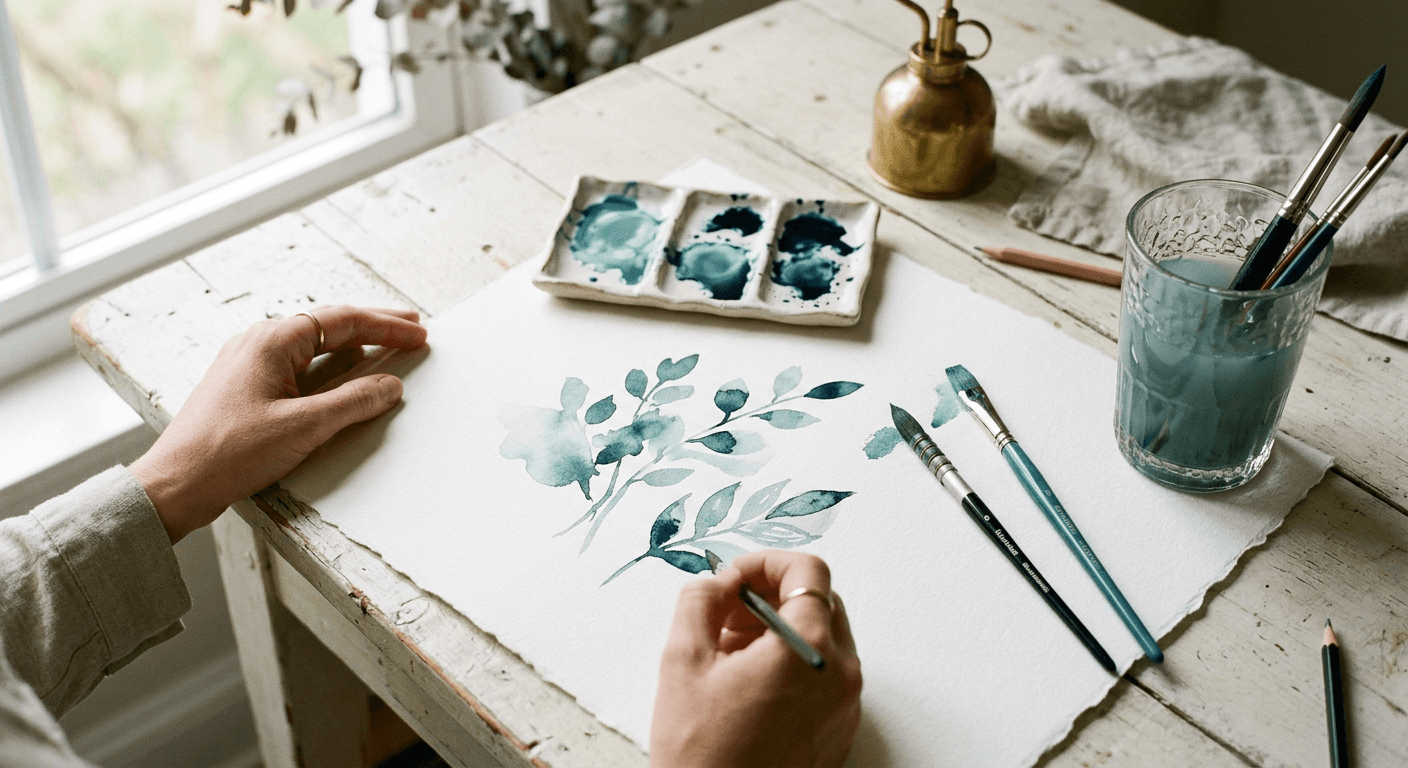 Aquarellbild mit Pinseln und Farbpalette