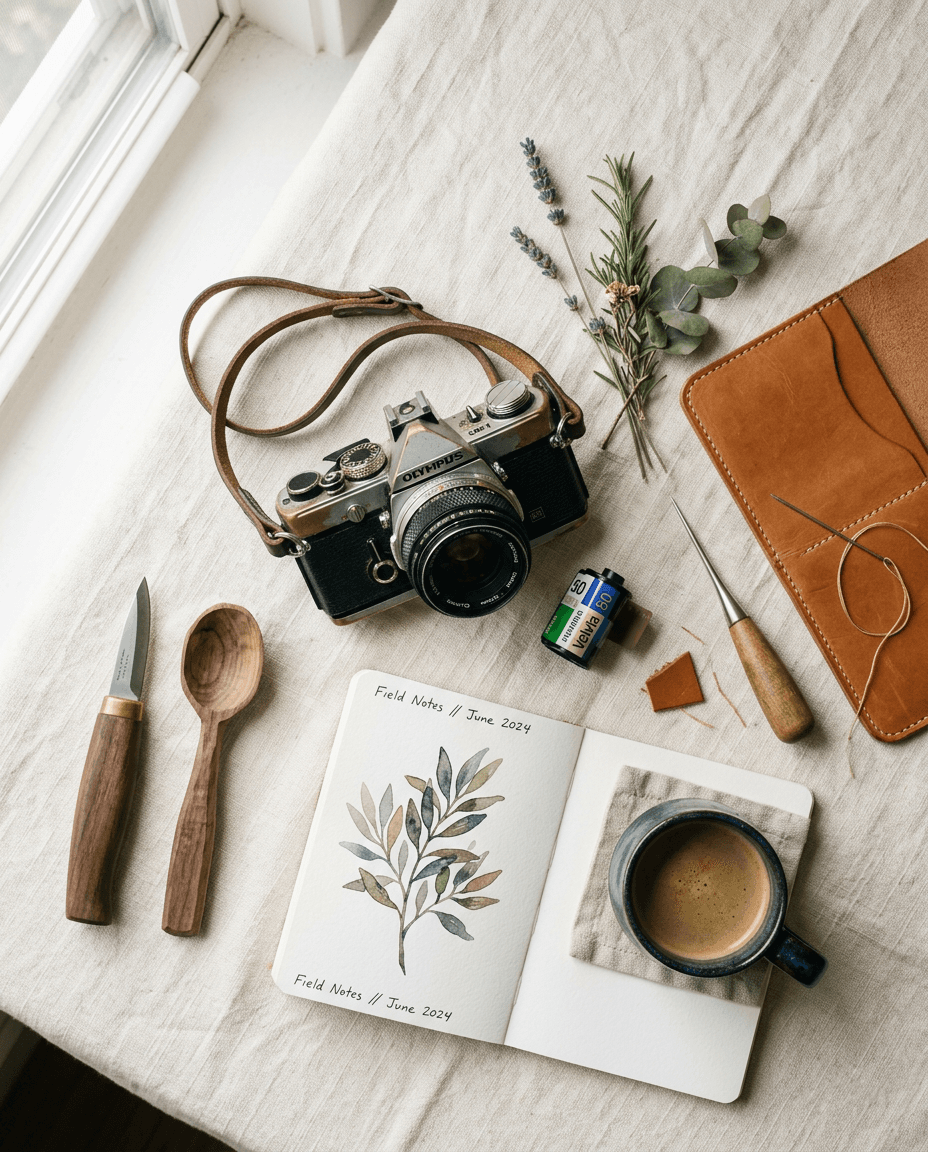 Flatlay mit Kamera, Lederwerkzeug, Schnitzmesser und Skizzenbuch